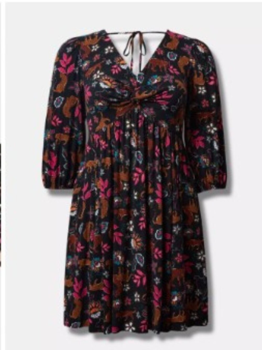 Torrid Mini Rayon Slub Balloon Sleeve Twist‑Front Dress Leopard Leaves Deep Blk